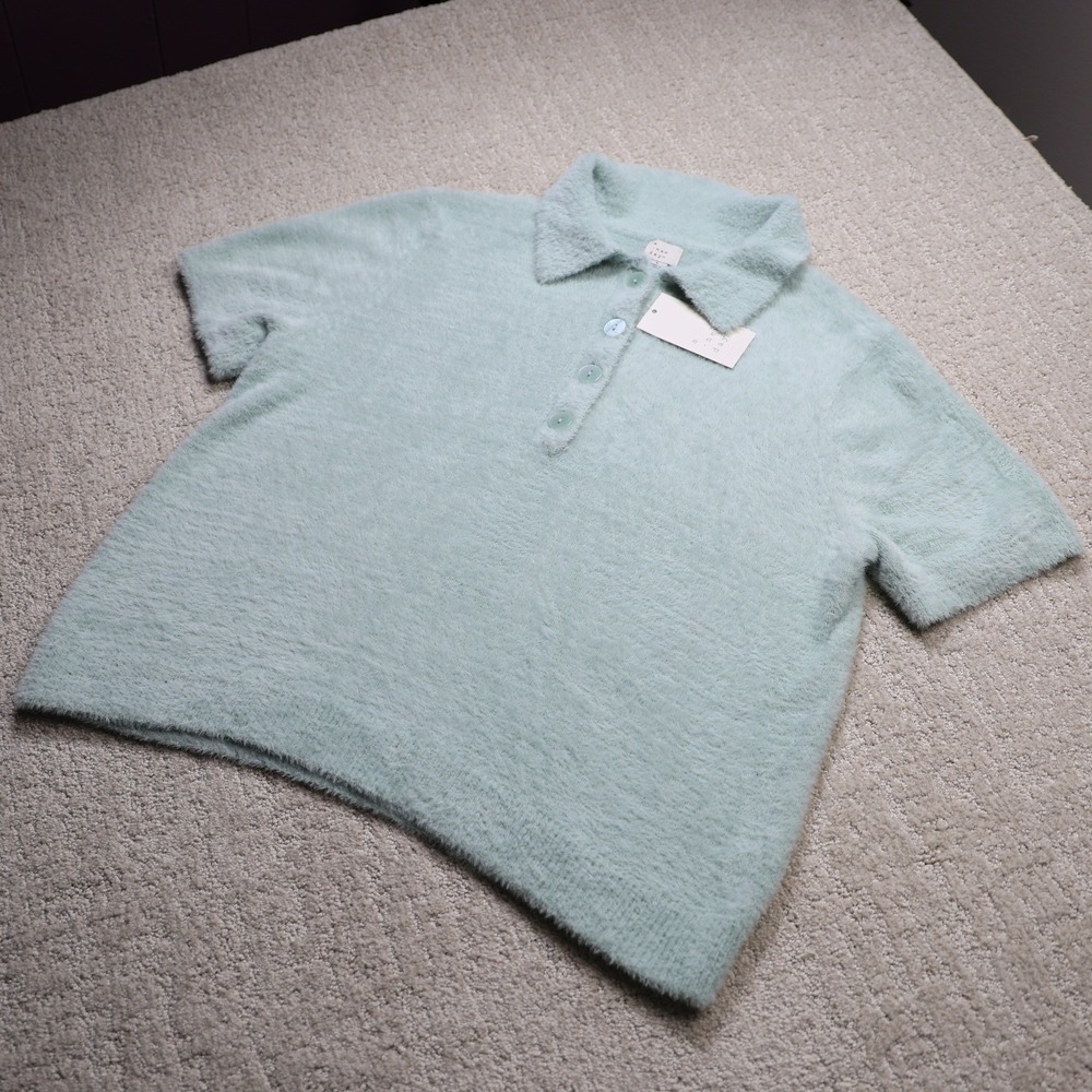 A New Day Mint Green Fuzzy Knit Short Sleeve Polo Sweater Large NWT